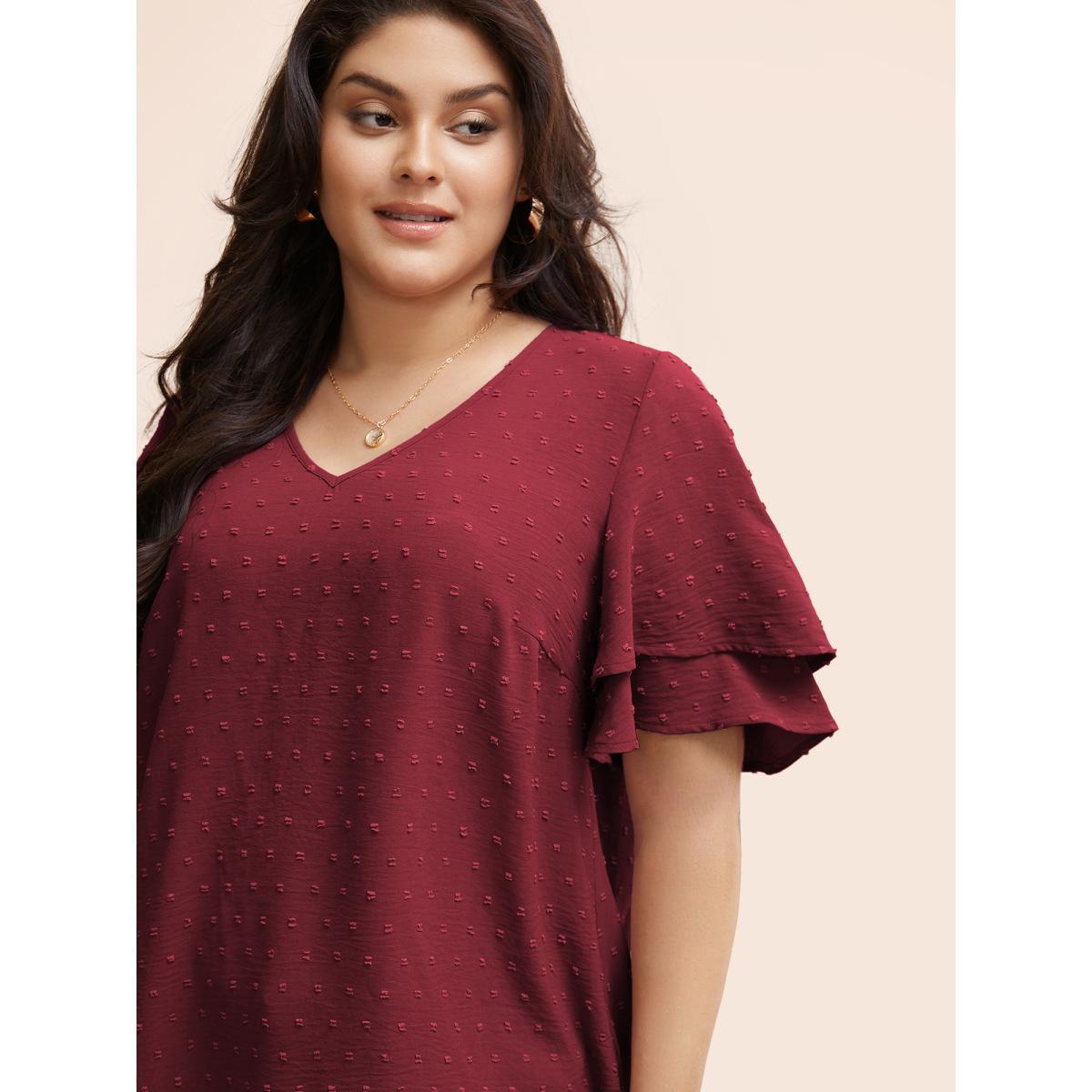 Plus Size Burgundy Plain Ruffle Tiered Sleeve V Neck Polka Dot Blouse Women Elegant Short sleeve V-neck Everyday Blouses BloomChic 30/6X Product Image