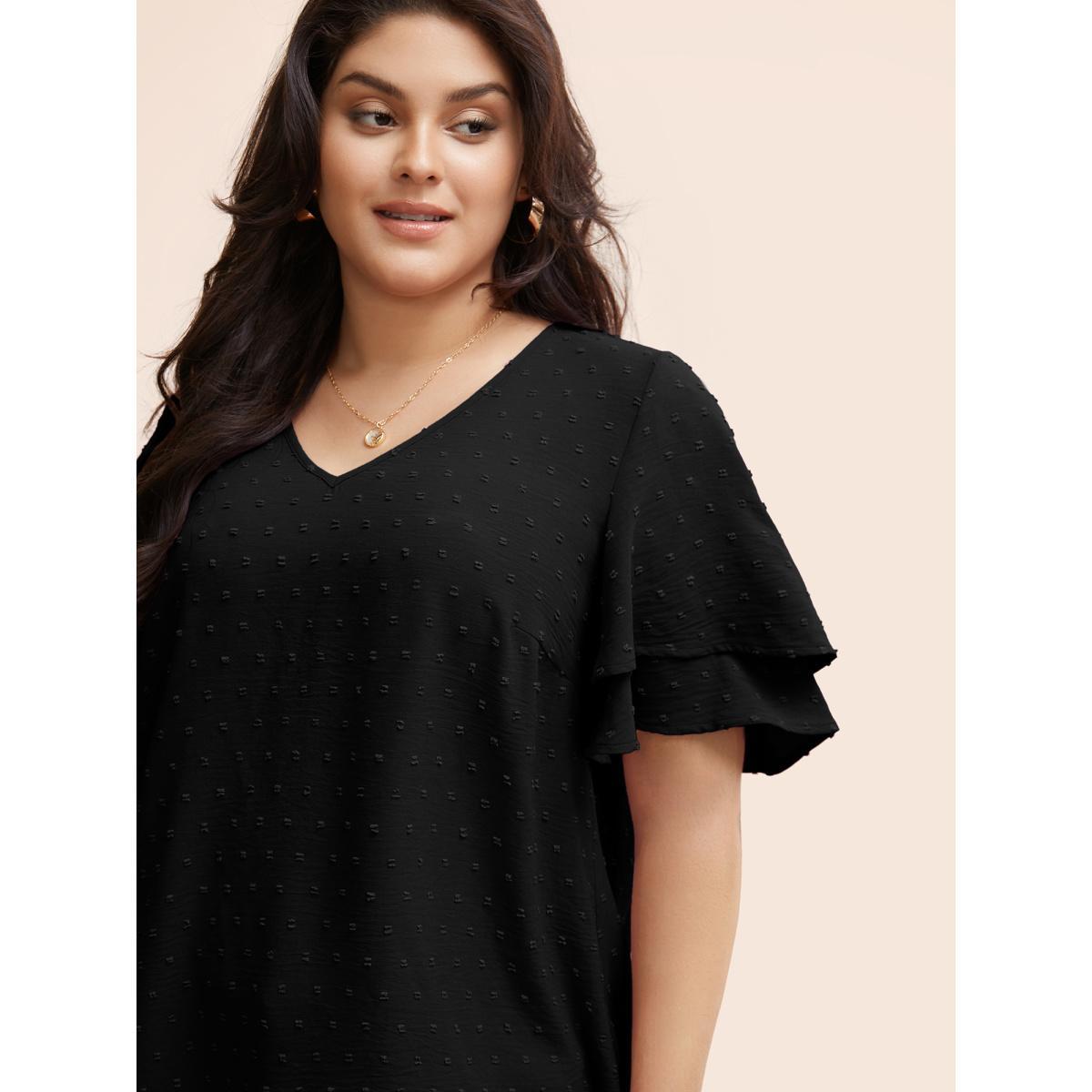 Plus Size Black Plain Ruffle Tiered Sleeve V Neck Polka Dot Blouse Women Elegant Short sleeve V-neck Everyday Blouses BloomChic 30/6X Product Image