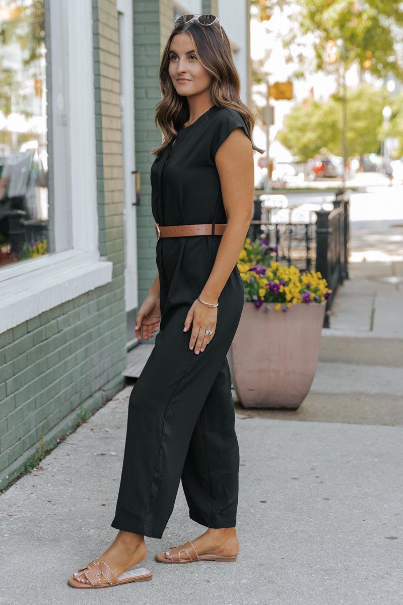 Black Short Sleeve Belted Jumpsuit Product Image