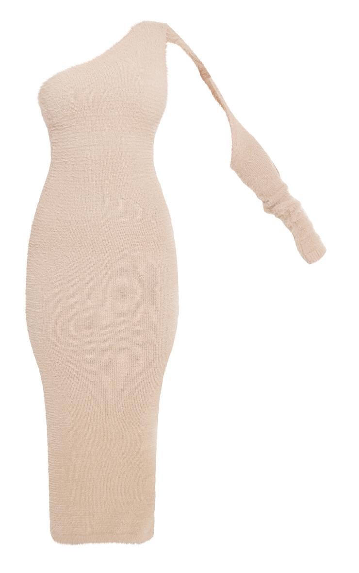 Beige Eyelash Knit Asymmetric One Shoulder Maxi Dress Product Image