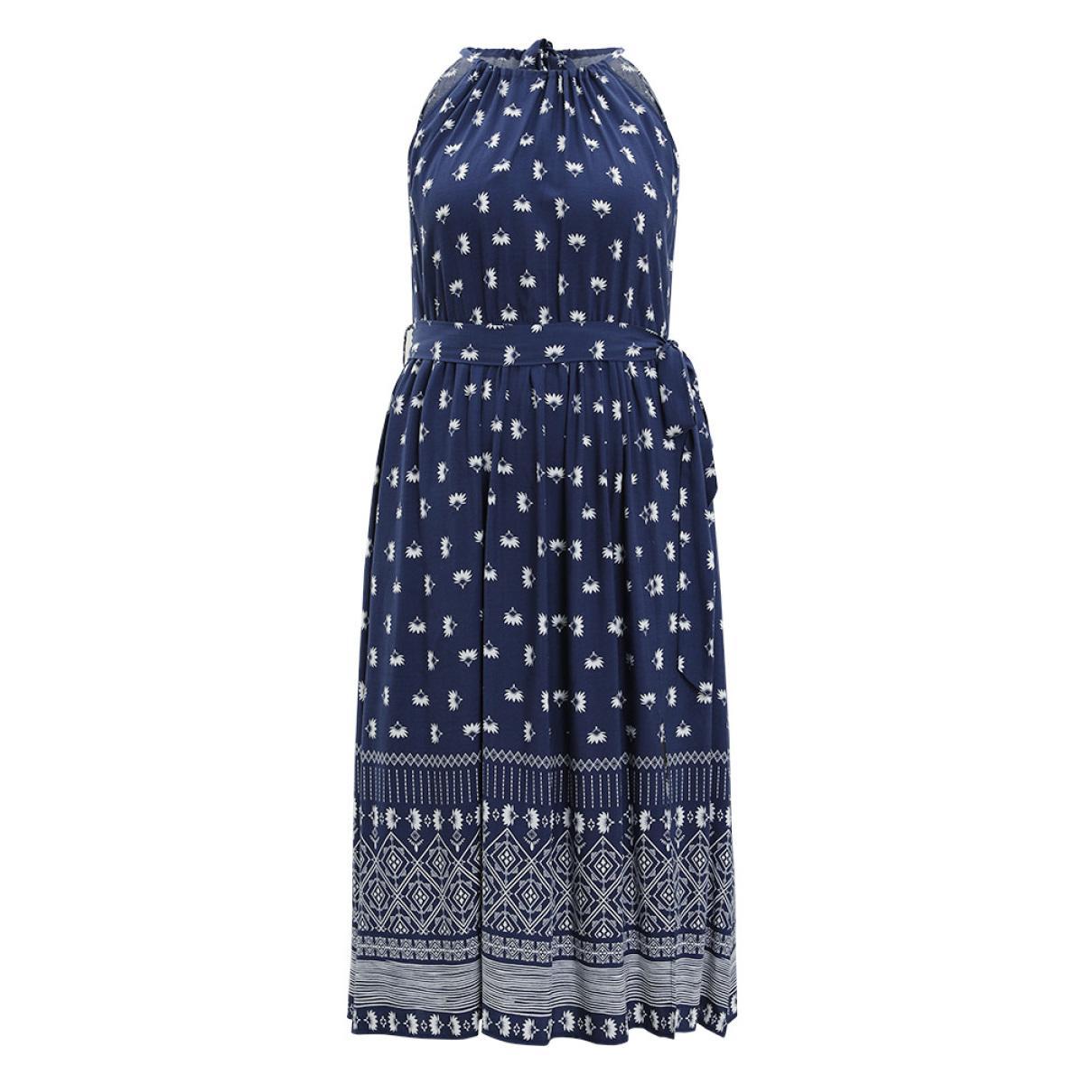 Plus Size Boho Print Knot Halter Pocket Belted Split Dress Indigo Women Vacation Gathered Halter neck Sleeveless Curvy Midi Dress BloomChic 30/6X Product Image