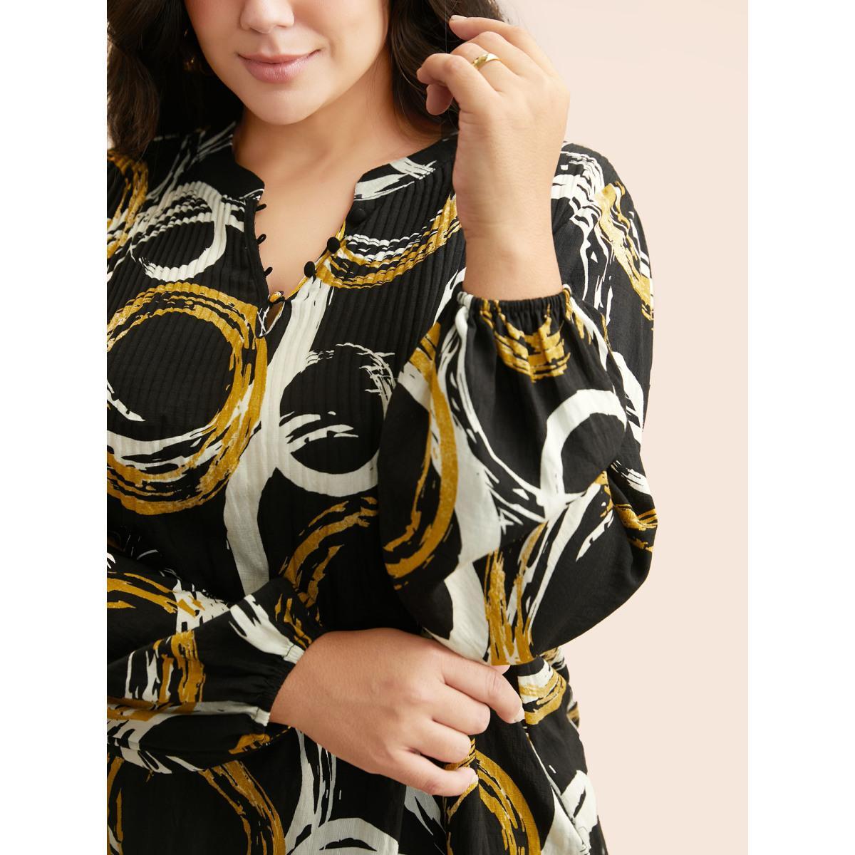 Plus Size BlackFlower Brush Print Pleated Lantern Sleeve Blouse Women At the Office Long Sleeve V-neck Work Blouses BloomChic 18-20/2X Product Image