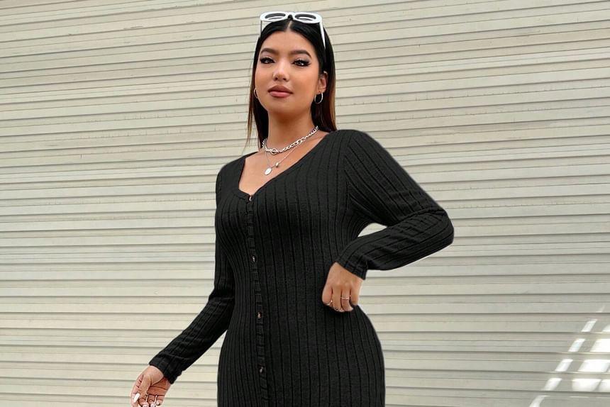 Plus Size Long-Sleeve V-Neck Plain Button Midi Sheath Knit Dress Product Image