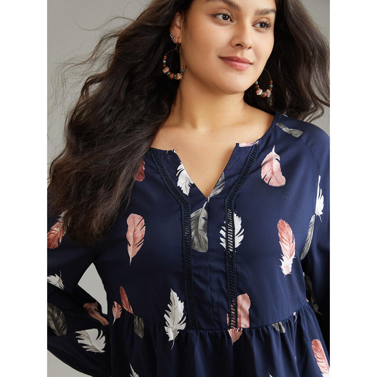Plus Size Indigo Feather Print Notched Tiered Ruffle Hem Blouse Women Vacation Long Sleeve Notched collar Vacation Blouses BloomChic 18-20/2X Product Image