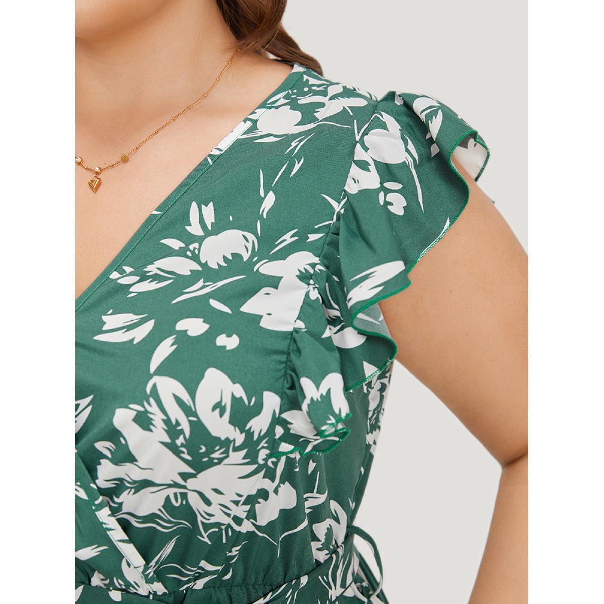 Plus Size Floral Print Belted Ruffle Cap Sleeve Pocket Dress Green Women Elegant Wrap V-neck Cap Sleeve Curvy Midi Dress BloomChic 14-16/1X Product Image