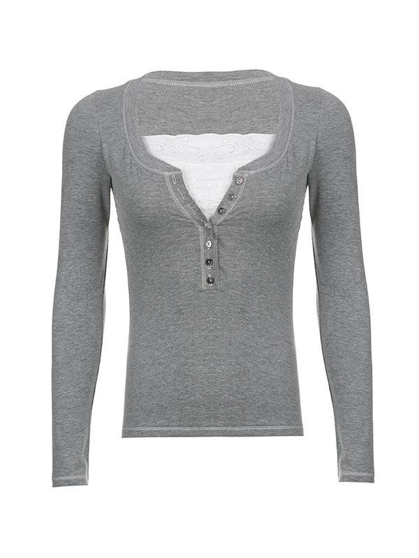 Patchwork Lace Buttoned Long Sleeve Tee Product Image