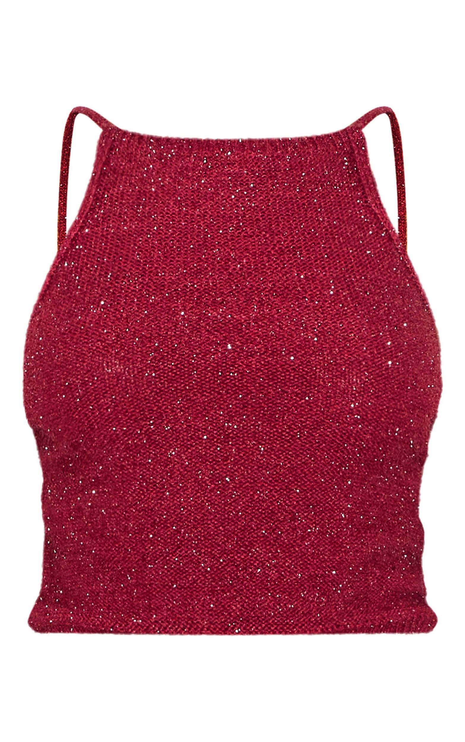 Wine Tinsel Knit Detail Cami Crop Top Product Image
