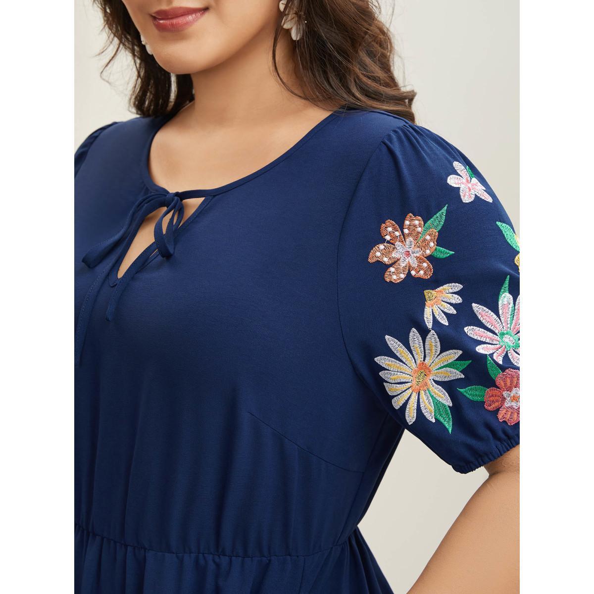 Plus Size Floral Embroidered Neck Tie Midi Dress Indigo Women Notched collar Short sleeve Curvy BloomChic 30/6X Product Image