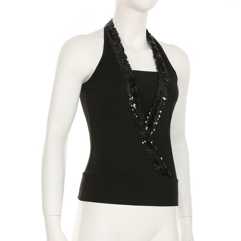 Halter-Neck Sequin Open Back Slim Fit Crop Tank Top Product Image