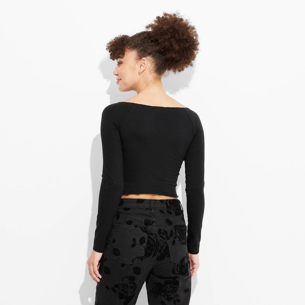 Women's Long Sleeve V-Neck T-Shirt - Wild Fable™ Black M: Cotton Blend, Lightweight Knit, Cropped Pullover, Machine Washable Product Image