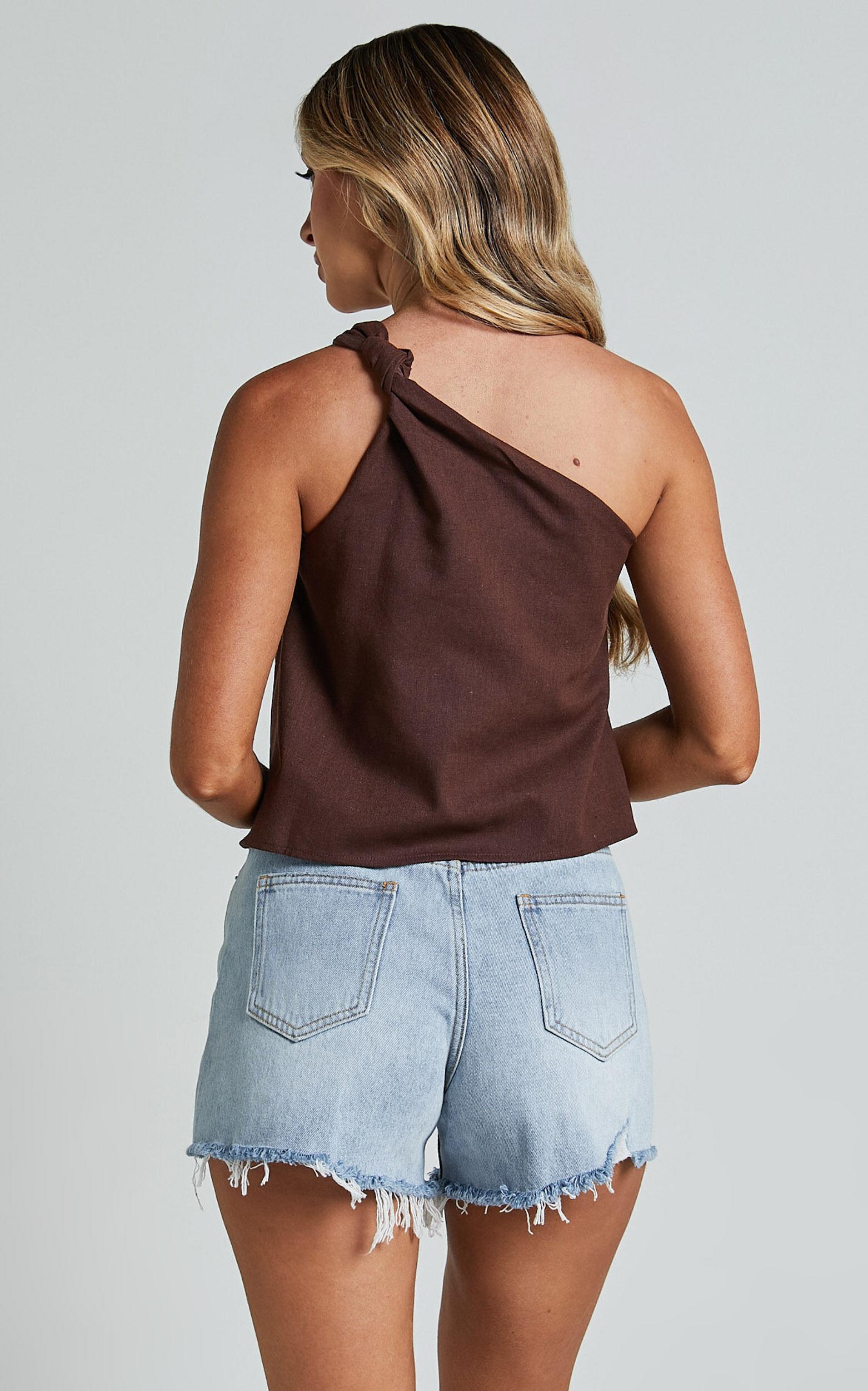 Analia Top - Linen Look One Shoulder Knot Detail Top in Chocolate Product Image