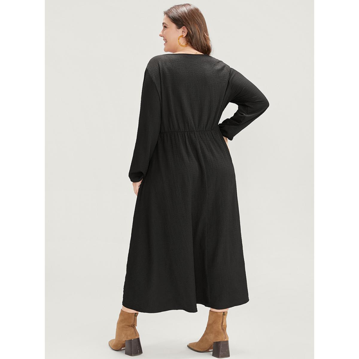 Plus Size Solid Pocket Textured Lantern Sleeve Contrast Lace Midi Dress Black Women Elegant Patchwork V-neck Long Sleeve Curvy Midi Dress BloomChic 30/6X Product Image
