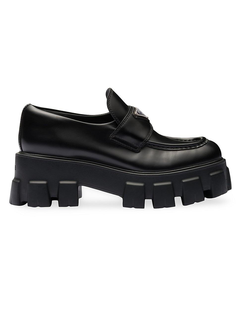 Prada Womens Brushed Leather Monolith Loafers Product Image
