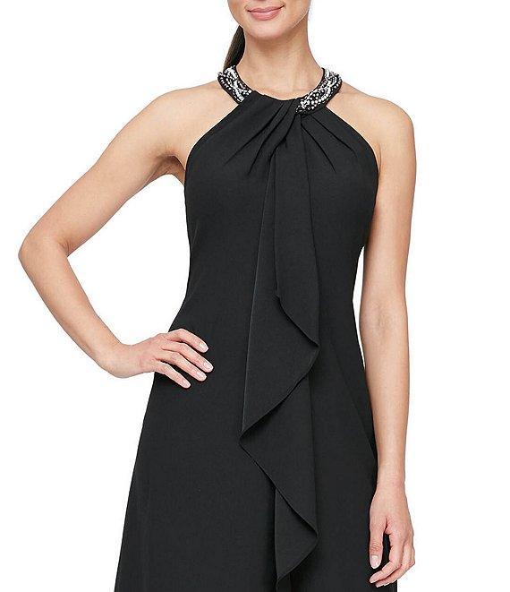 Ignite Evenings Beaded Halter Neck Satin Back Crepe High-Low Ruffle Front Sleeveless Dress Product Image