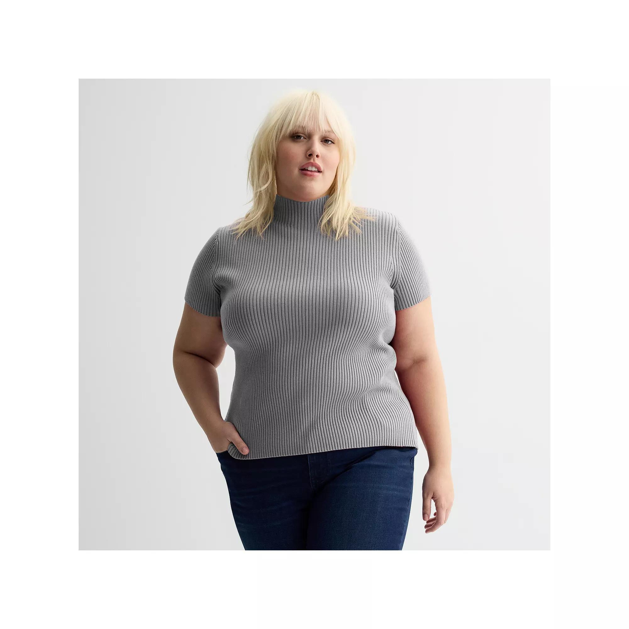 Plus Size Nine West Ribbed Mockneck Short Sleeve Top, Women's, Size: 3XL, Dark Metal Grey Product Image
