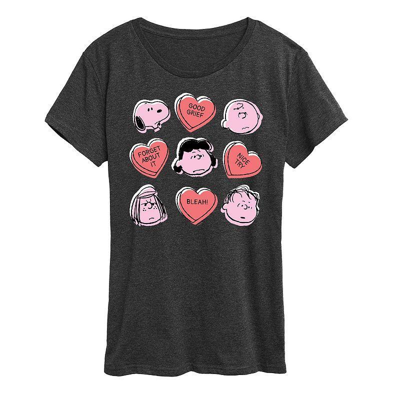 Women's Peanuts Valentine's Candy Heart Grid Graphic Tee, Size: Medium, Grey Wine Product Image