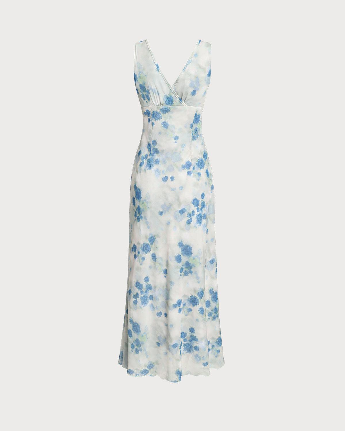 Blue Floral Ruffle Sleeveless Midi Dress Product Image