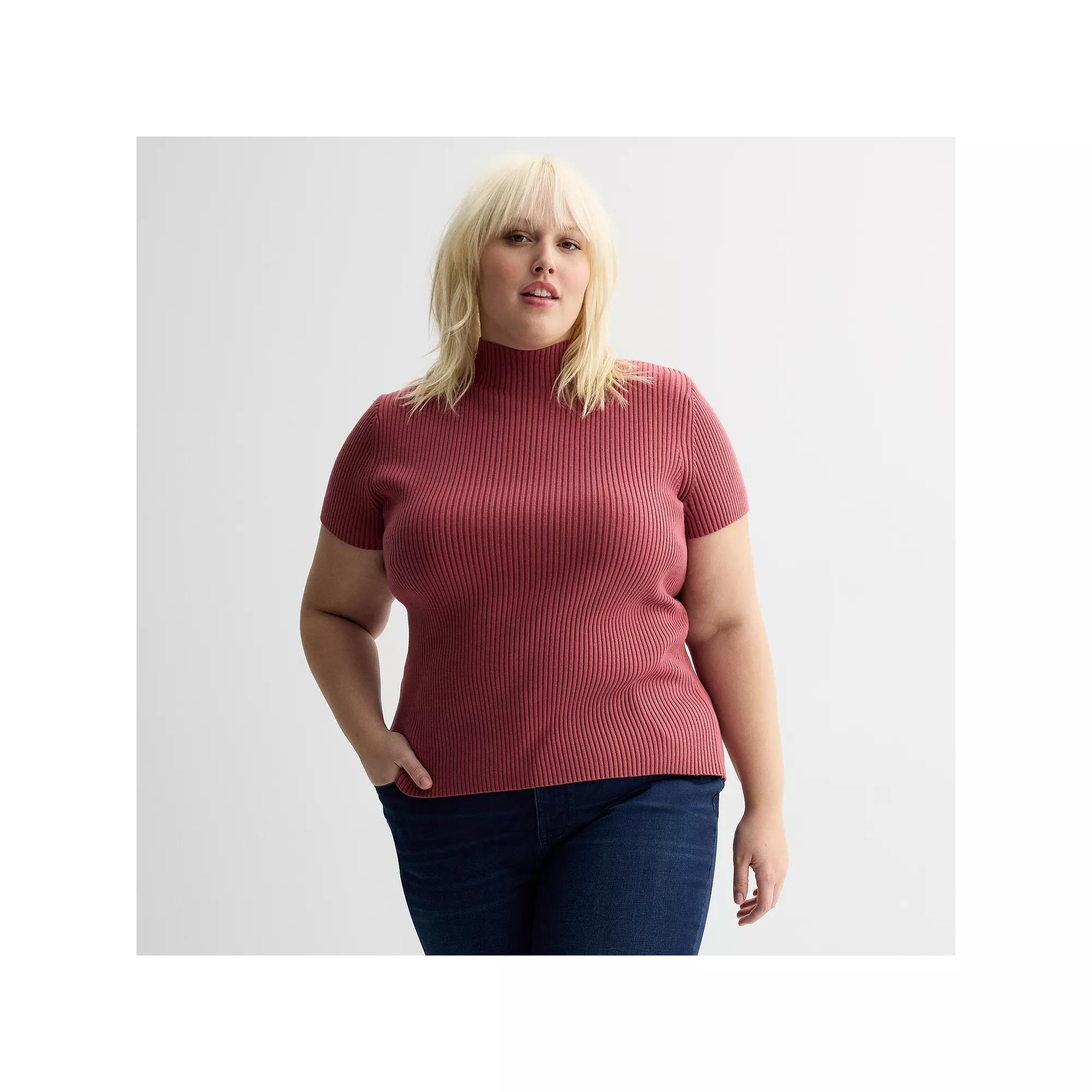 Plus Size Nine West Ribbed Mockneck Short Sleeve Top, Women's, Size: 4XL, Just Pink Product Image