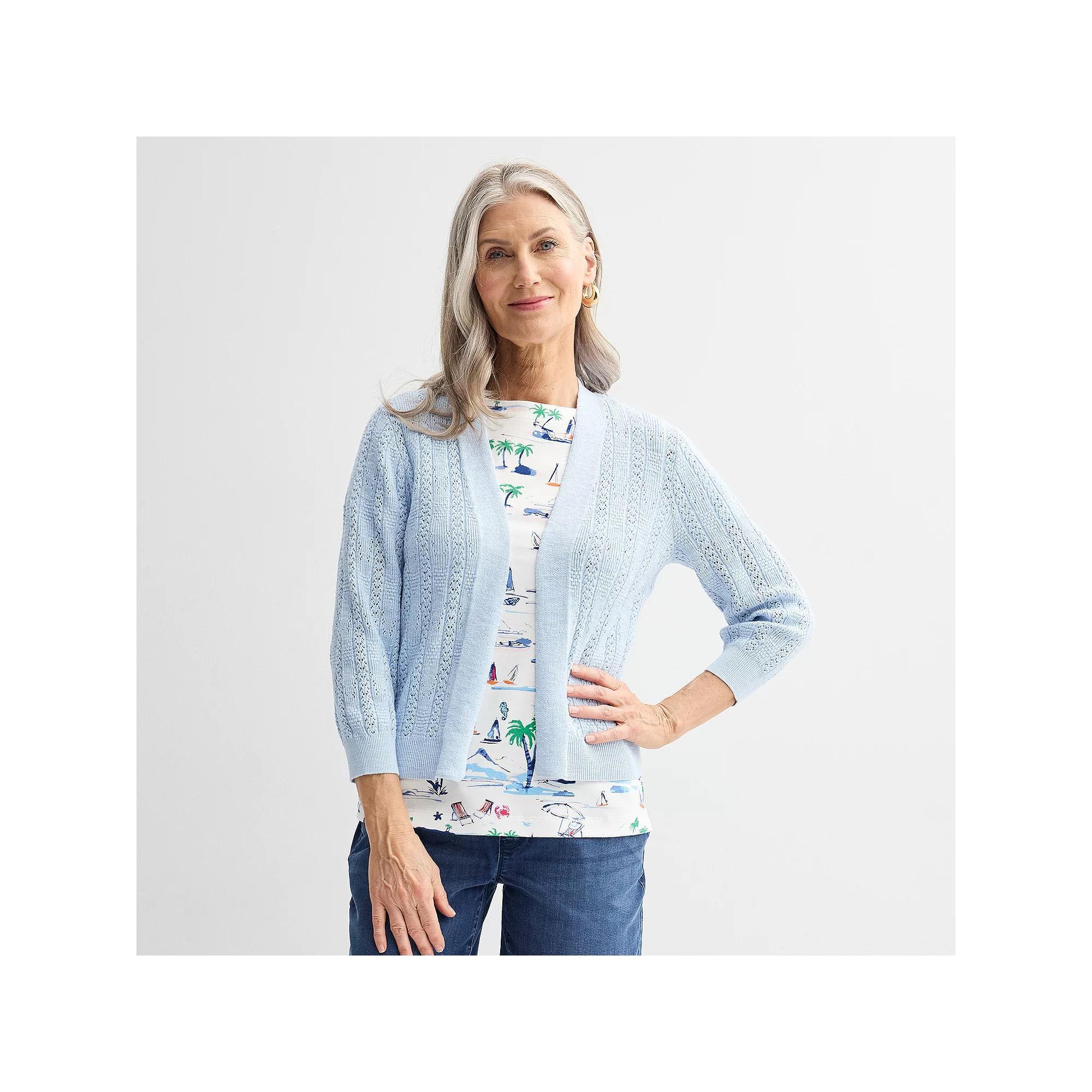 Women's Croft & Barrow® Pointelle Basket Open Front Cardigan, Size: Medium, Seattle Blue Product Image