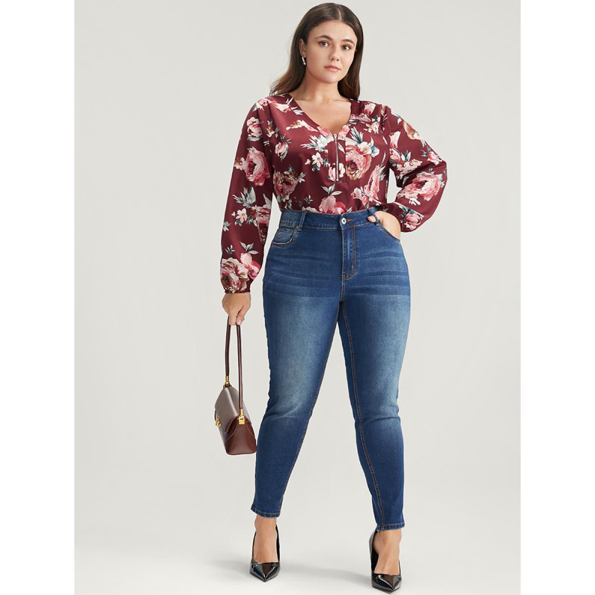 Plus Size Burgundy Floral Lantern Sleeve Zipper V Neck Blouse Women Elegant Long Sleeve V-neck Dailywear Blouses BloomChic 26/4X Product Image