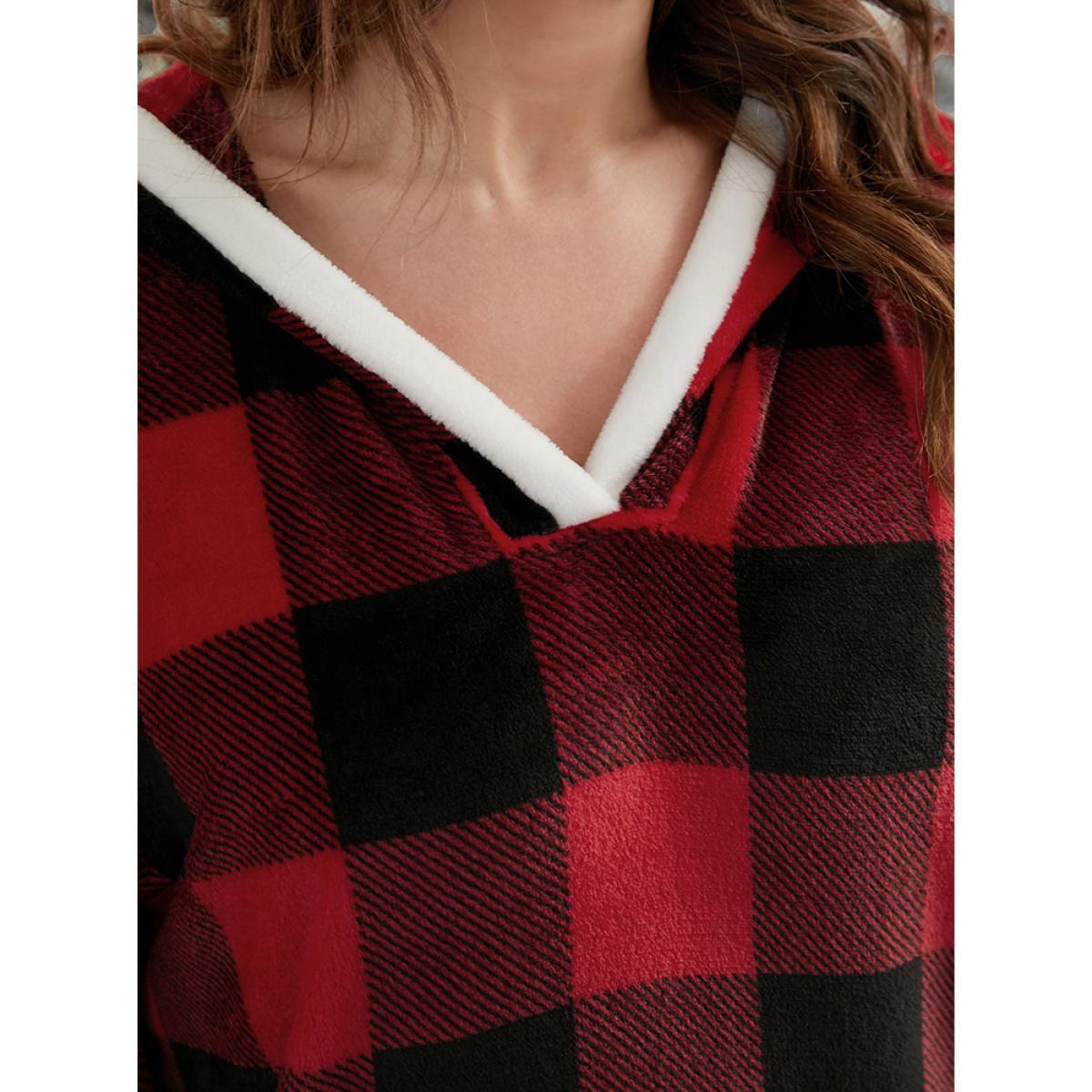 Plus Size Plaid Fuzzy Trim Pocket Hooded Dress Women Scarlet Casual Plaid Contrast Hooded Pocket Loungewear BloomChic 22-24/3X Product Image