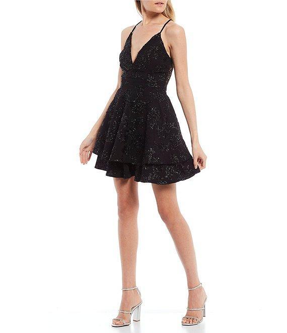 Honey and Rosie Spaghetti Strap Lace Bra-Back Eyelash Double Hem Fit & Flare Mini Dress Product Image