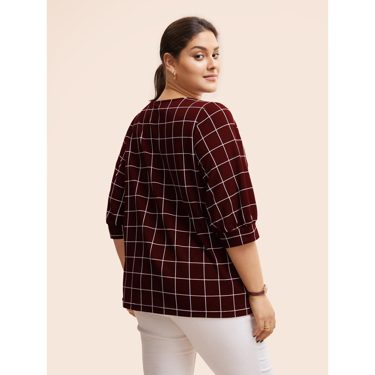 Plus Size Plaid Round Neck Lantern Sleeve T-shirt Burgundy Women At the Office Printed Plaid Round Neck Work T-shirts BloomChic 10/M Product Image