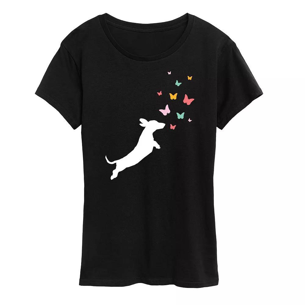 Women's Dachshund Chasing Butterflies Graphic Tee, Size: Small, Black Product Image