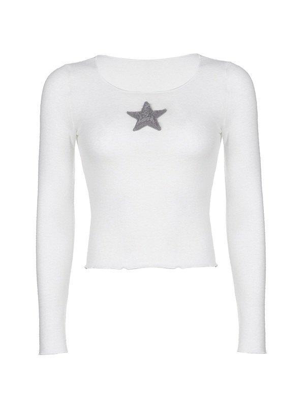 Star Patch Long Sleeve Cropped Knit Top Product Image