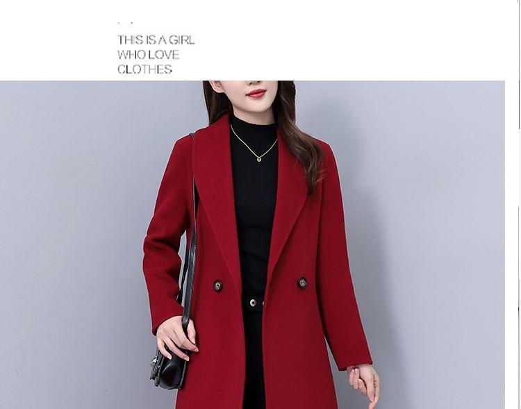 Shawl Collar Plain Midi Double Breasted Coat Product Image