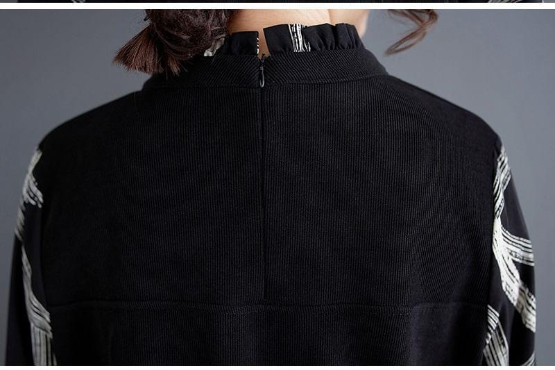 Long-Sleeve Stand Collar Mock Two-Piece Print Frill Trim Midi Tunic Dress Product Image