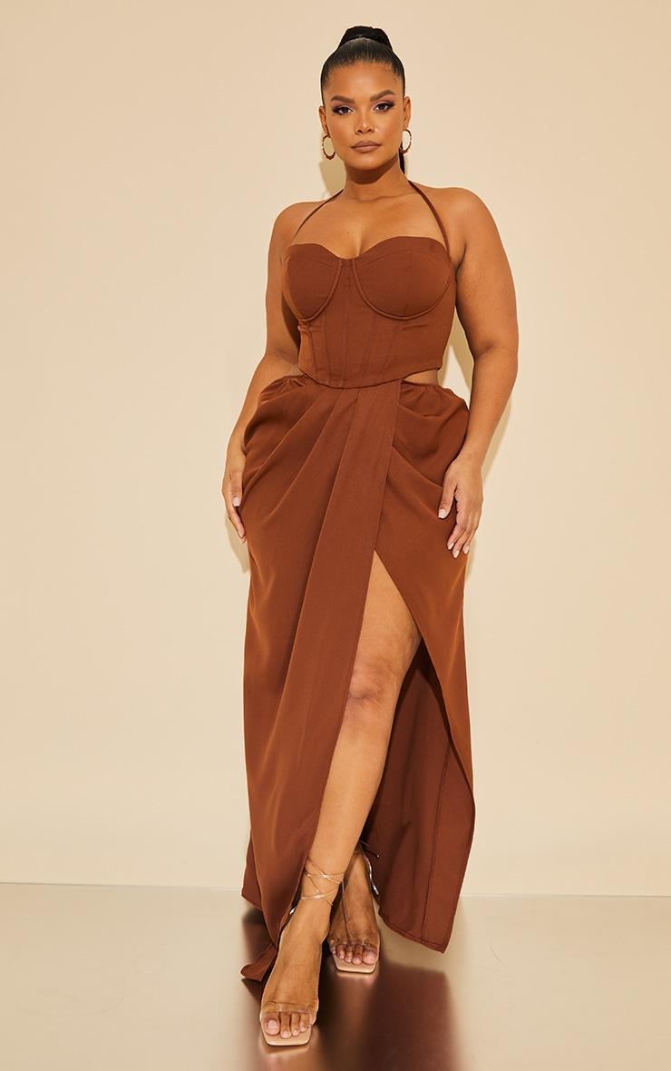 Plus Chocolate Corset Ruched Maxi Dress Product Image