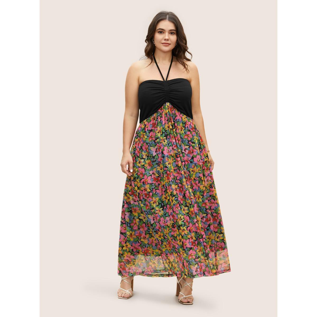 Plus Size Everywhere Dress - Floral Patchwork Drawstring Dress Black Women Elegant One-shoulder neck Sleeveless Curvy BloomChic 26/4X Product Image