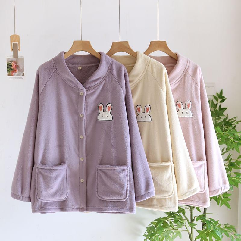 V-Neck Rabbit Patterned Coral Fleece Button Pajama Jacket Product Image