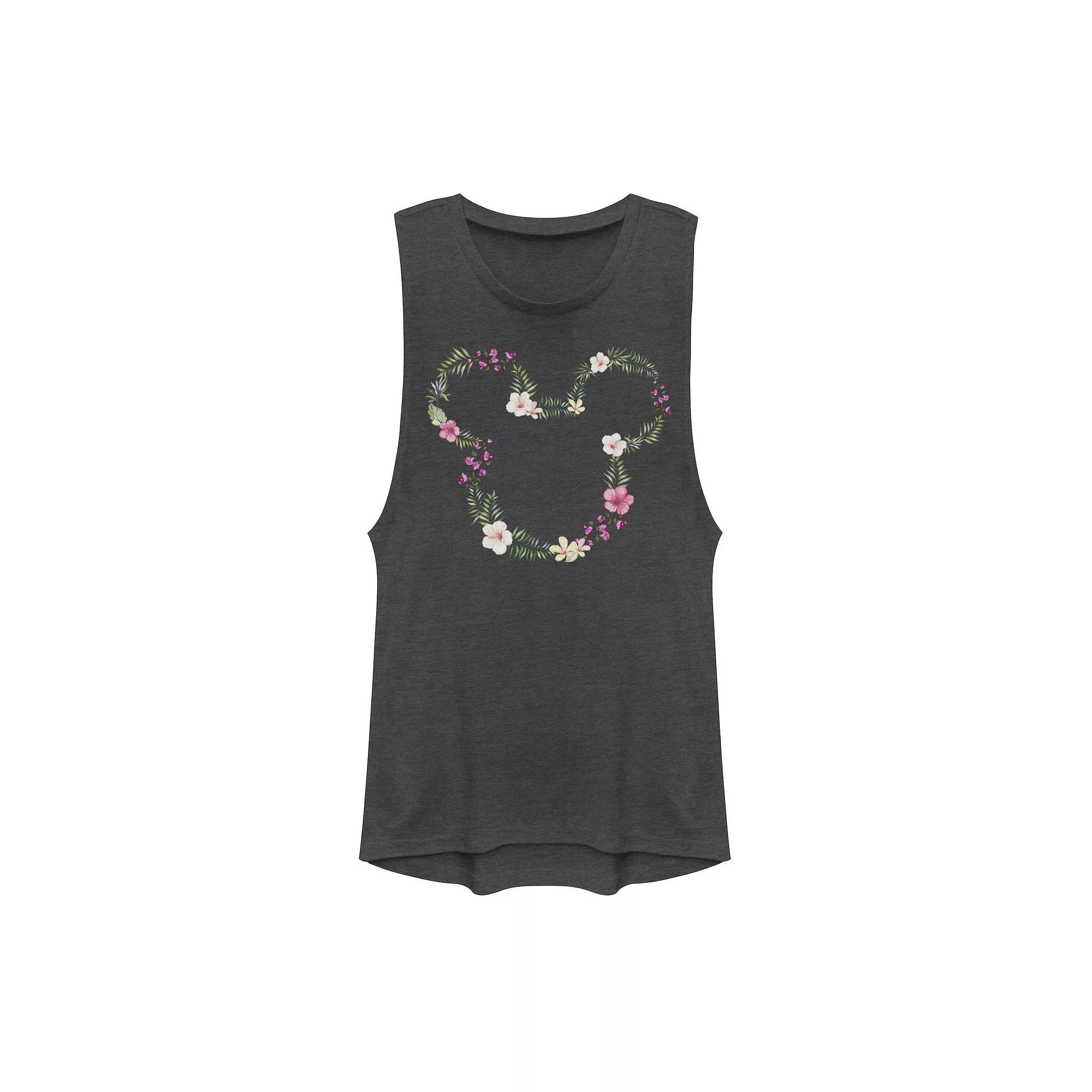 Disney's Mickey Mouse Juniors' Floral Outline Muscle Graphic Tank Top, Girl's, Size: XXL, Grey Product Image