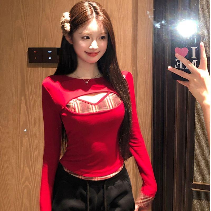 Long Sleeve Round Neck Plaid Mock Two Piece Panel Top Product Image