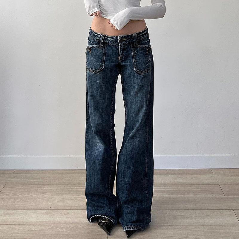 Low Waist Washed Straight-Fit Wide-Leg Jeans Product Image