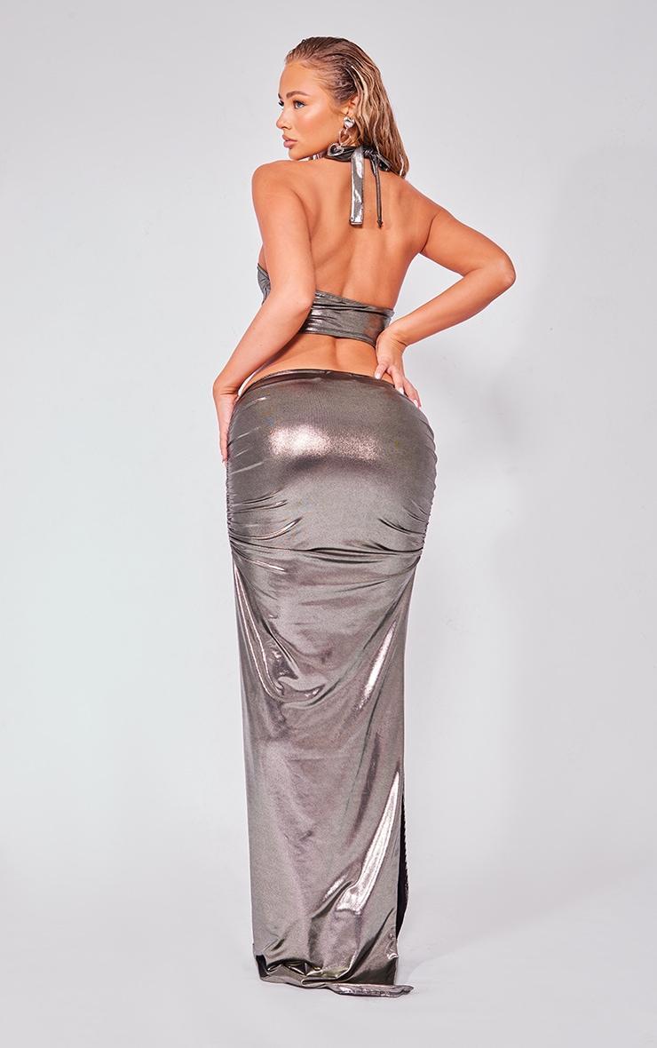 Silver Grey Metallic Slinky Halterneck Cut Out Ruched Maxi Dress Product Image