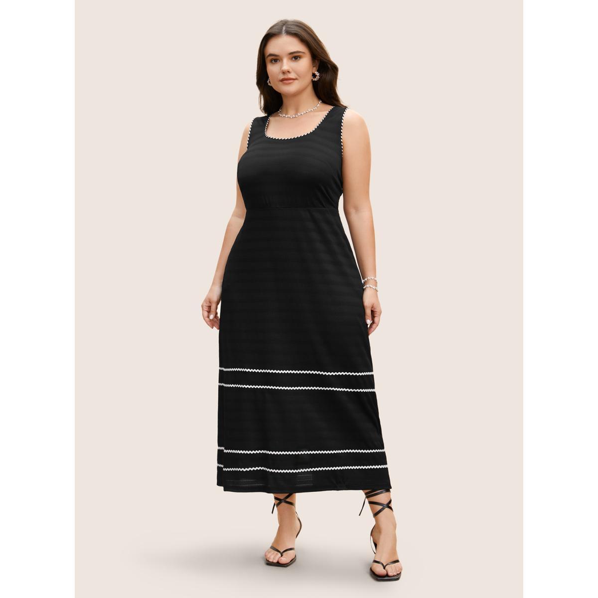 Plus Size Square Neck Contrast Webbing Split Hem Dress Black Women Elegant Woven ribbon&lace trim Square Neck Sleeveless Curvy BloomChic 30/6X Product Image
