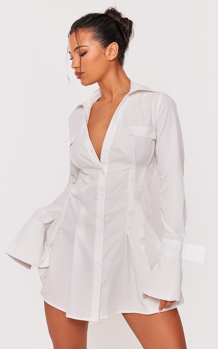  White Cotton Poplin Pleated Flared Sleeve Shirt Dress Product Image