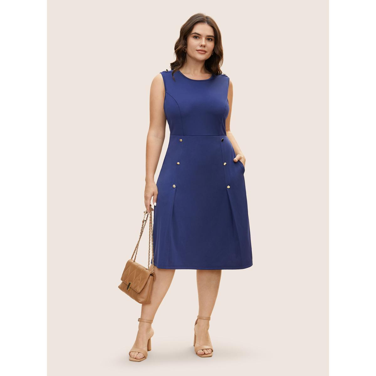 Plus Size Plain Metal Detail Pleated Tank Dress Navy Women At the Office Button Round Neck Sleeveless Curvy BloomChic 28/5X Product Image