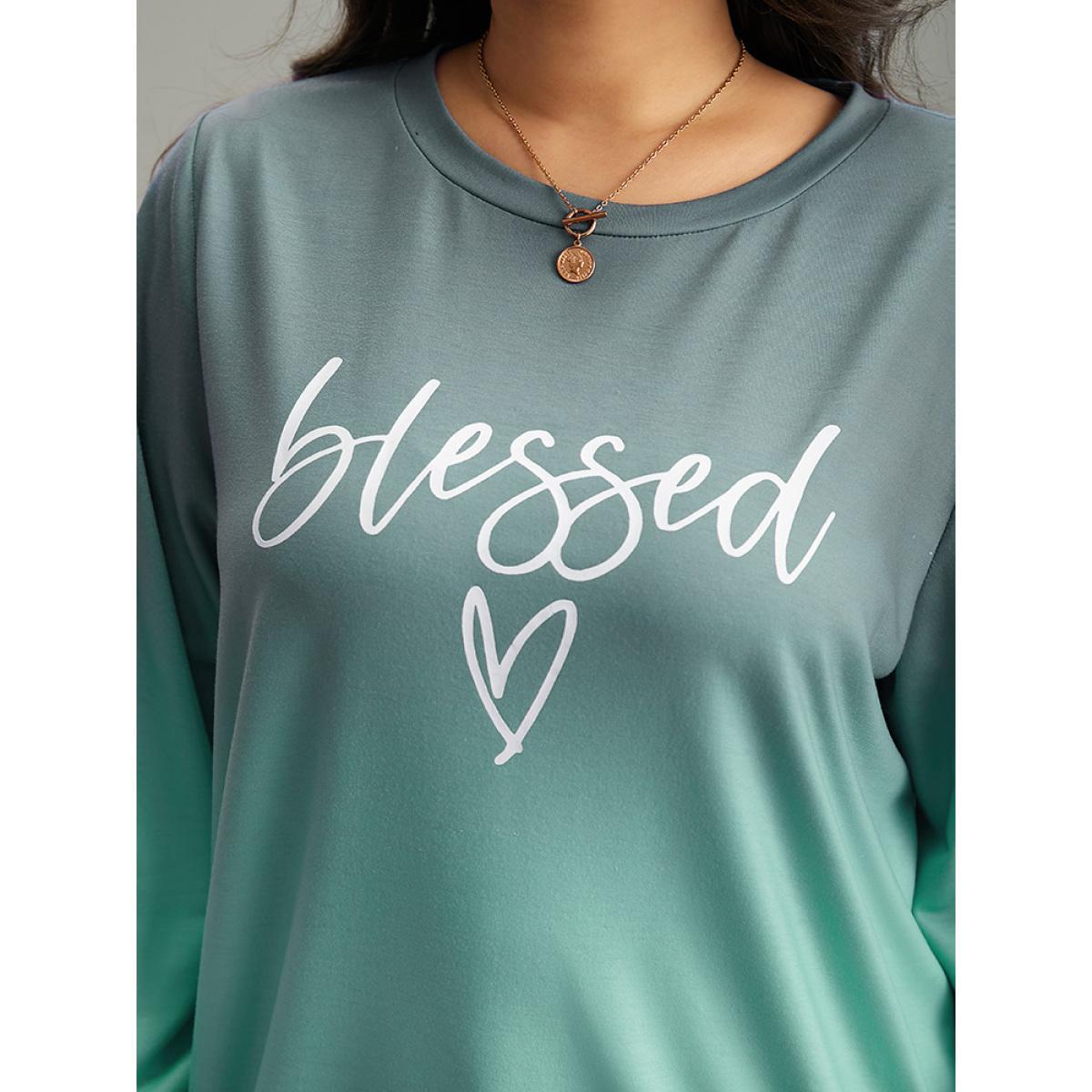 Plus Size Letter Print Ombre Crew Neck Sweatshirt Women Cyan Casual Printed Dailywear Sweatshirts BloomChic 26/4X Product Image