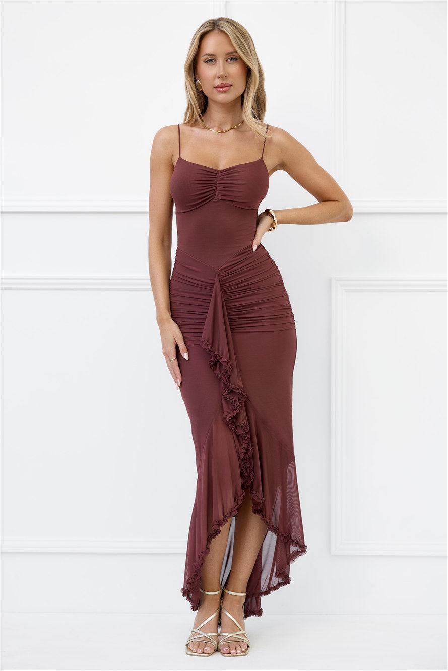 Shimmer In The Dark Mesh Maxi Dress Brown Product Image