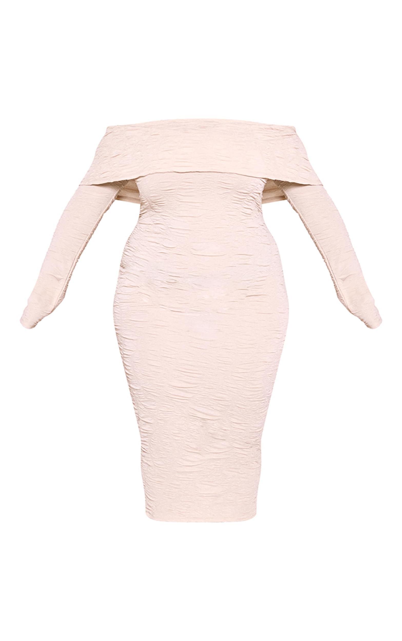Plus Stone Textured Fold Over Bardot Midi Dress Product Image