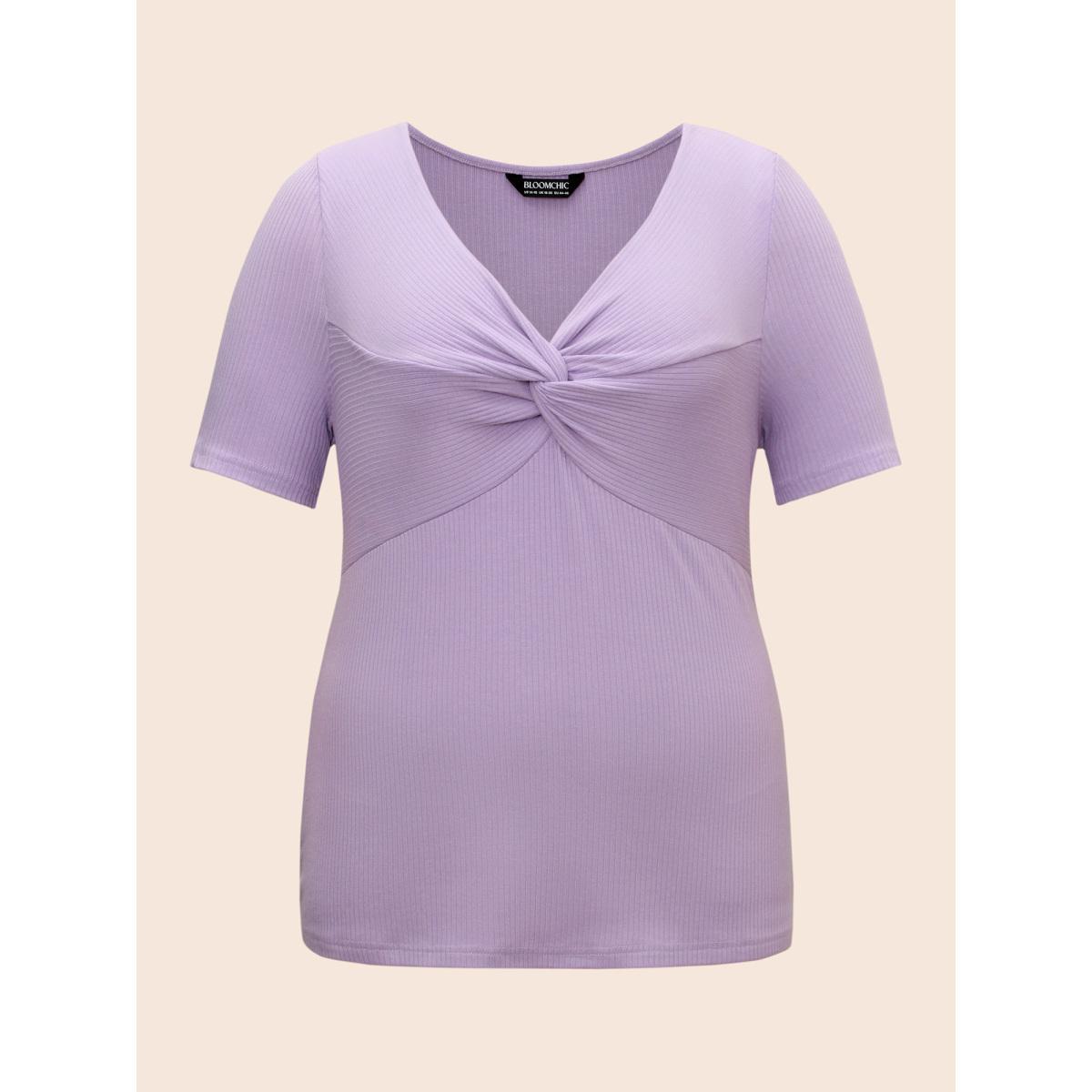 Plus Size Plain Textured Rib Knit Twist Front T-shirt Lilac Women Elegant Twist V-neck Bodycon Everyday T-shirts BloomChic 18-20/2X Product Image