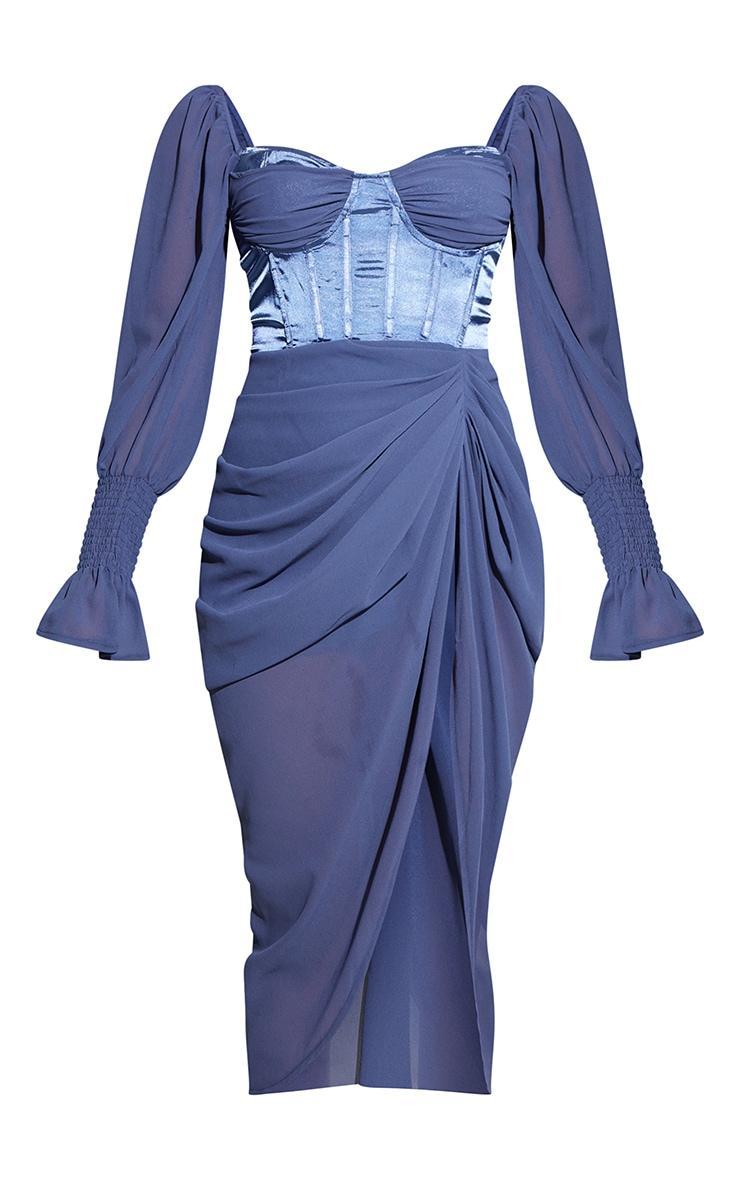 Mineral Blue Satin Insert Draped Chiffon Midi Dress Product Image