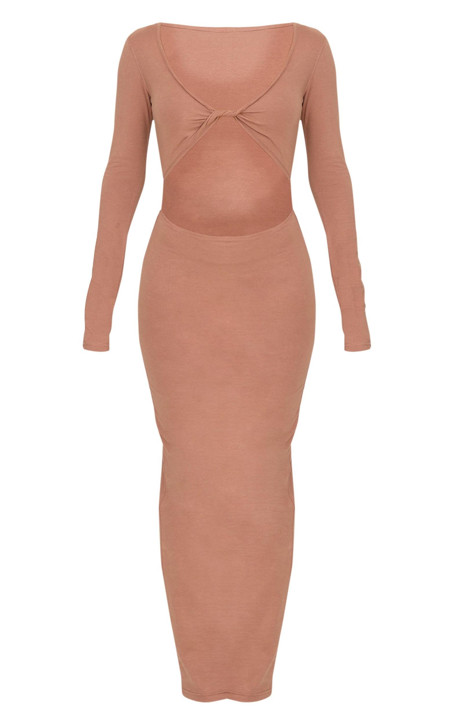 Taupe Cotton Twist Cut Out Long Sleeve Midaxi Dress Product Image