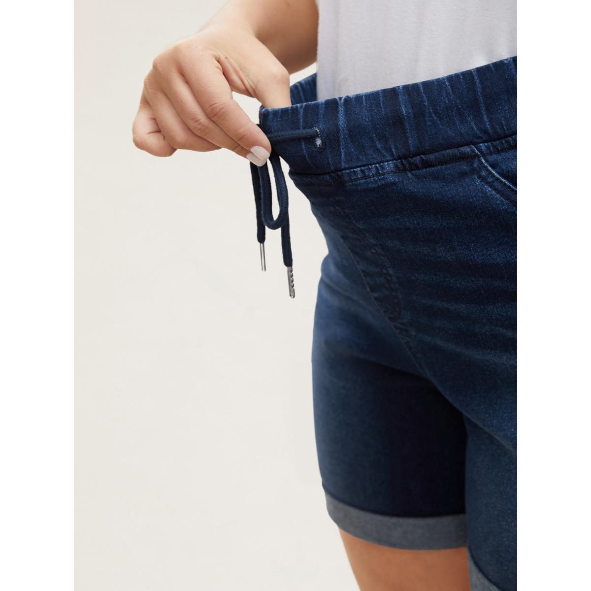 Plus Size Distressed Drawstring Roll Hem Denim Shorts Women Indigo Drawstring High stretch Everyday Slanted pocket Casual Denim Shorts BloomChic 20/2X Product Image
