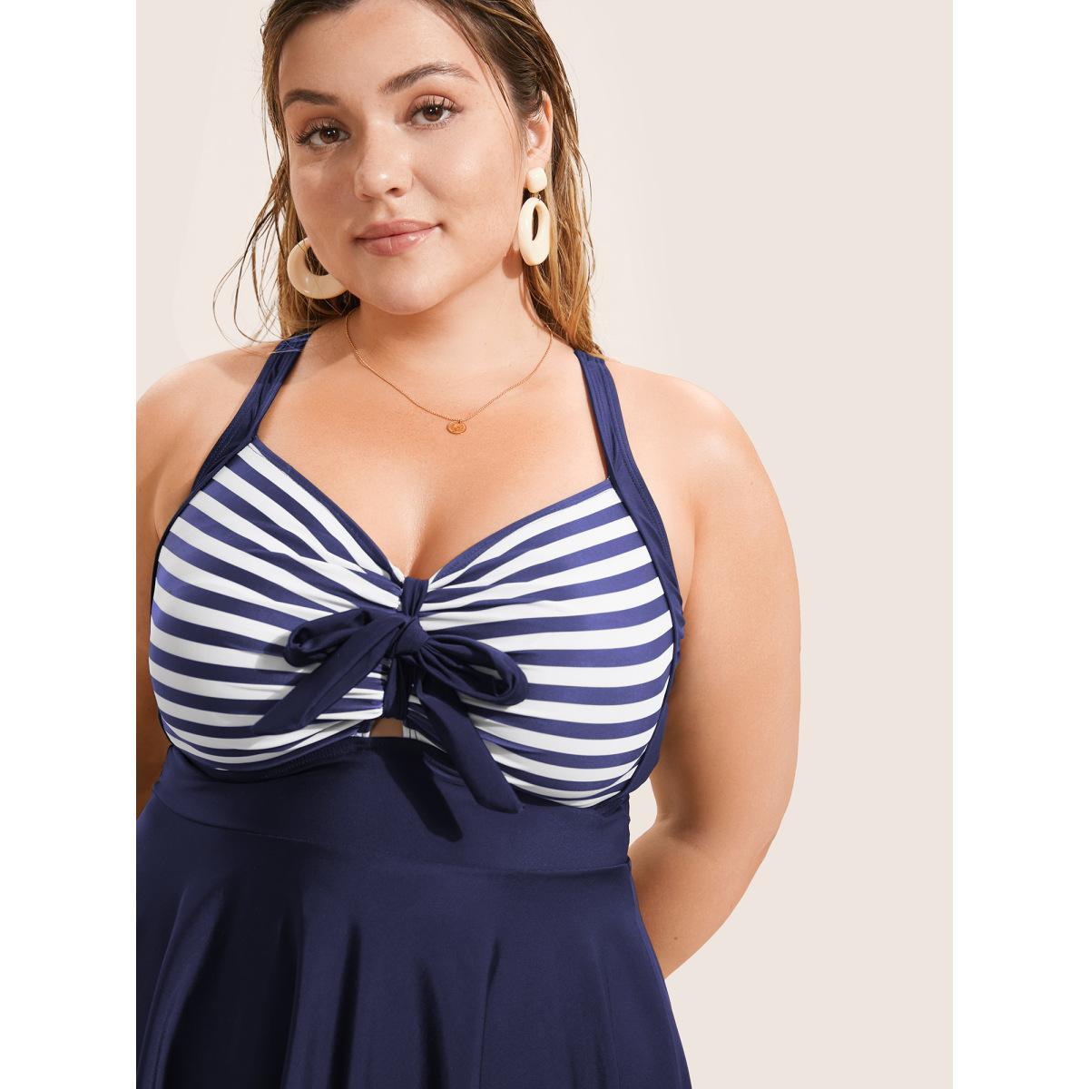 Plus Size Stripes Patchwork Tie Knot Cross Straps Swim Dress Women's Swimwear Indigo Beach Bodycon Heart neckline High stretch Curve Swim Dresses BloomChic 22-24/3X Product Image