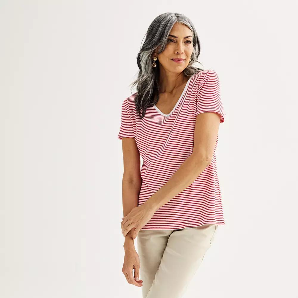 Women's Croft & Barrow® Essential V-Neck Tee, Size: XS, Blue Thin Stripe Product Image